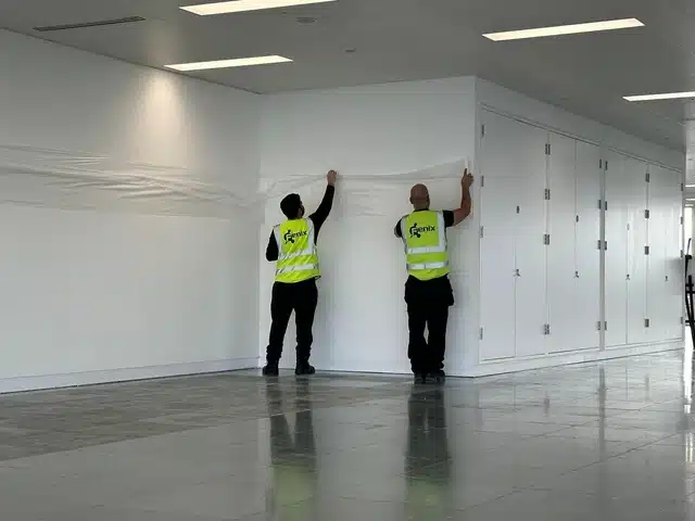 Workspace protected with plastic sheeting and barriers before raised access floor adhesive removal